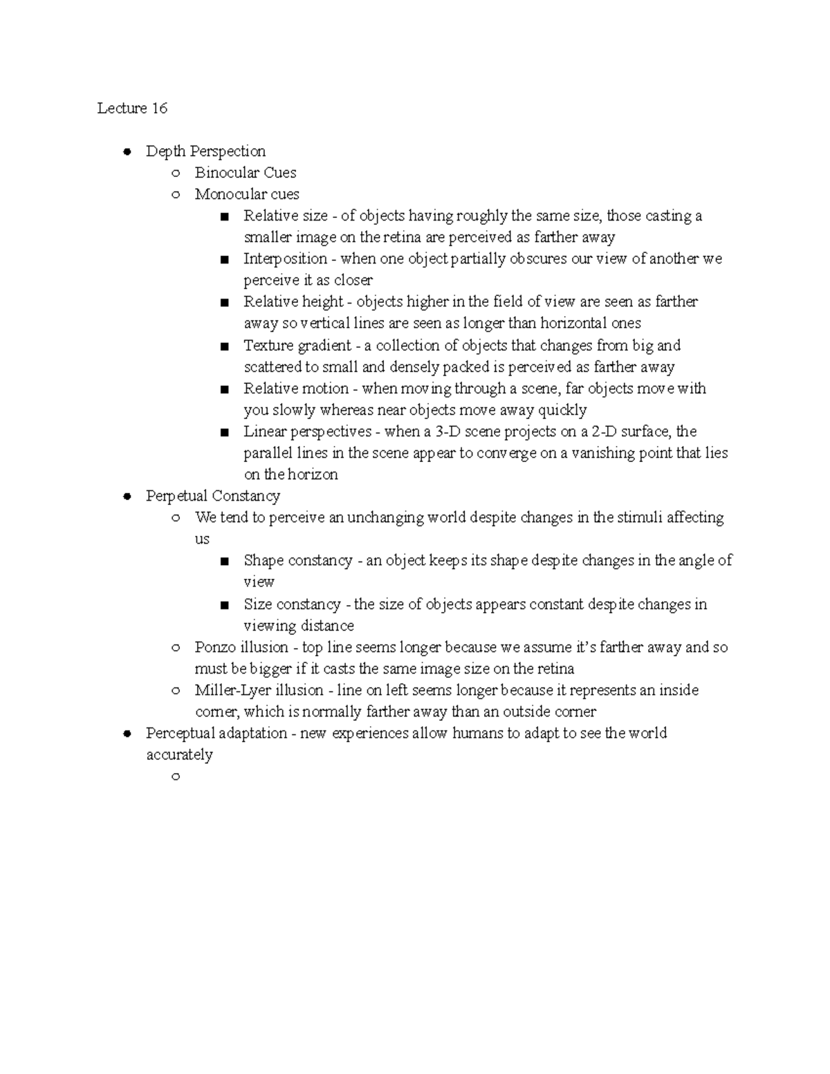 Lecture 16 Lecture 16 Depth Perspection Binocular Cues Monocular cues