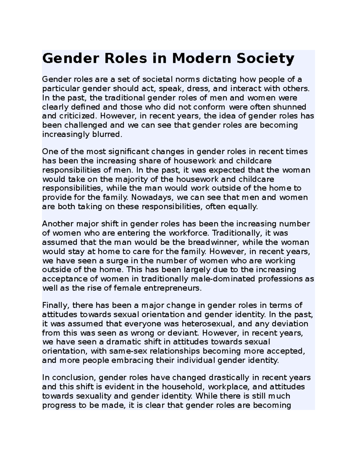 gender roles in modern society research paper