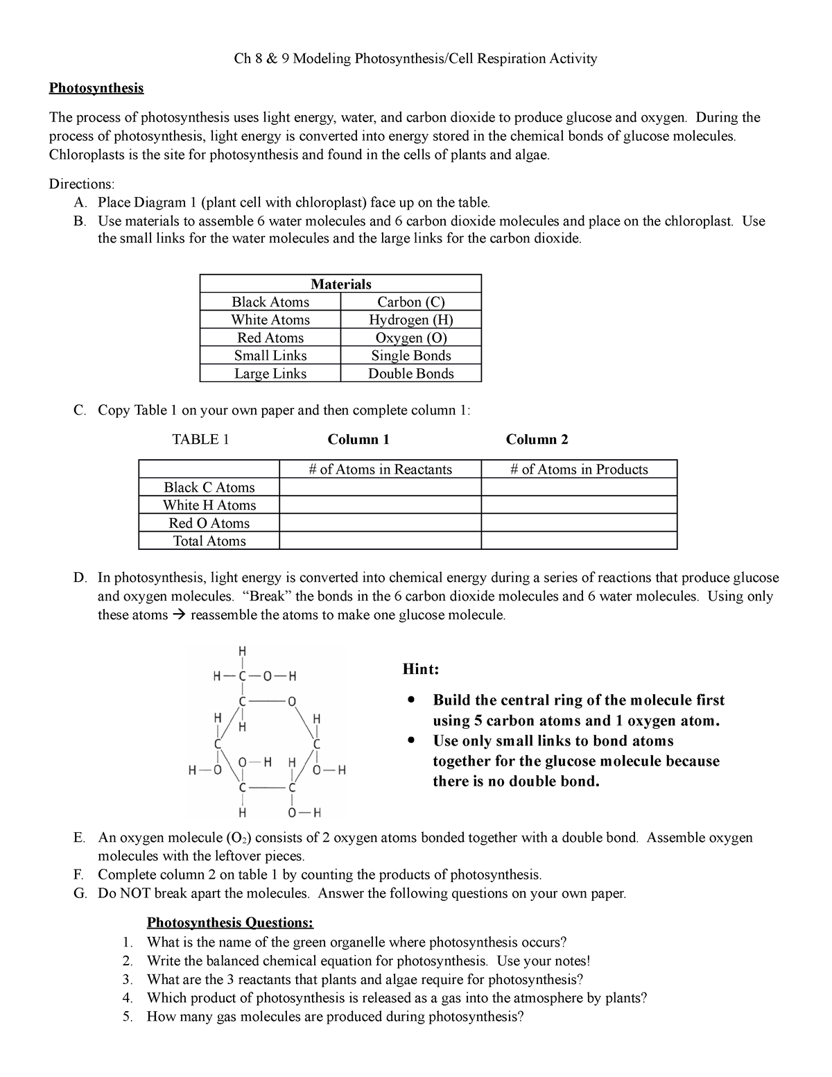 Modeling photosynthesis and cellular respiration - Ch 8 & 9 Modeling ...