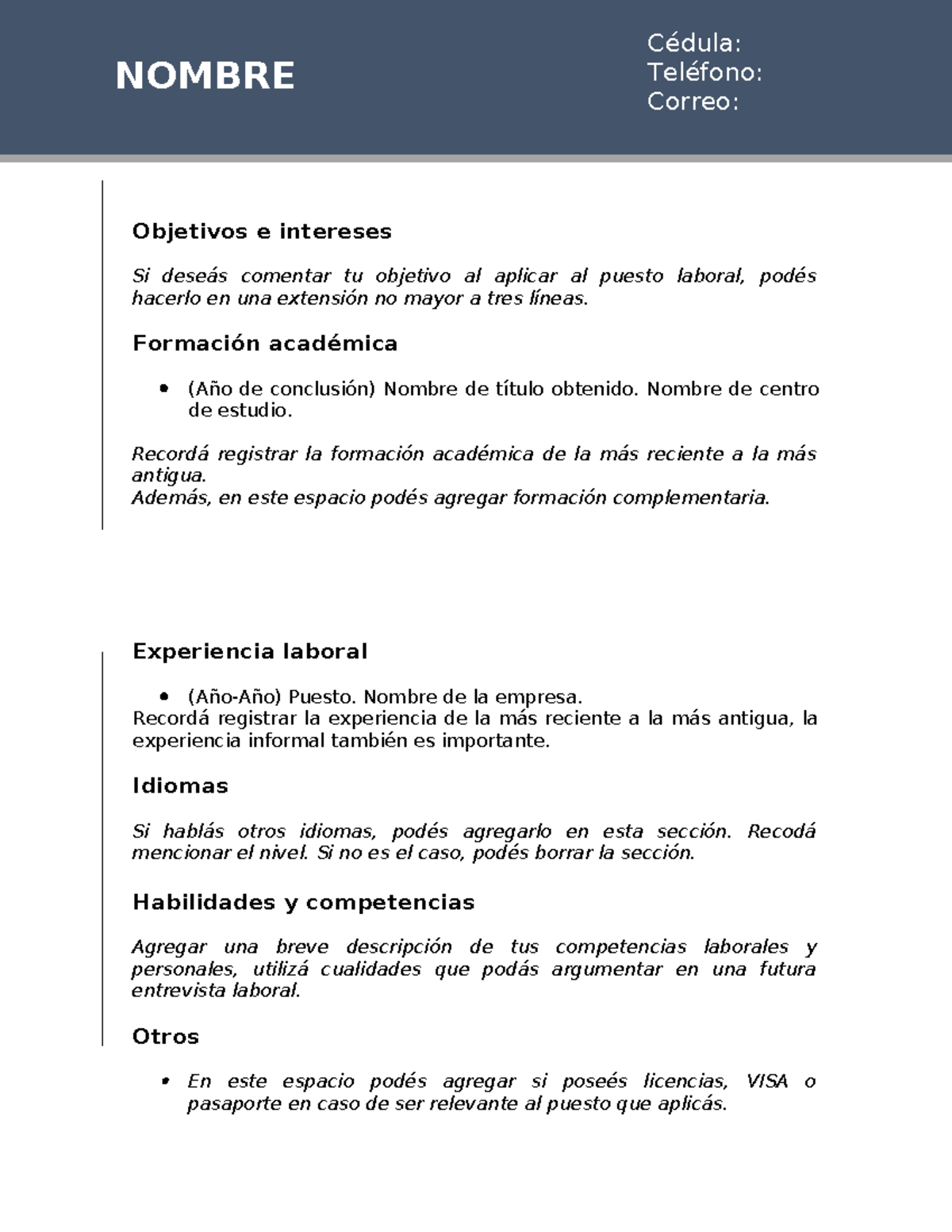 Machote de CV Con experiencia 1 - Objetivos e intereses Si deseás ...