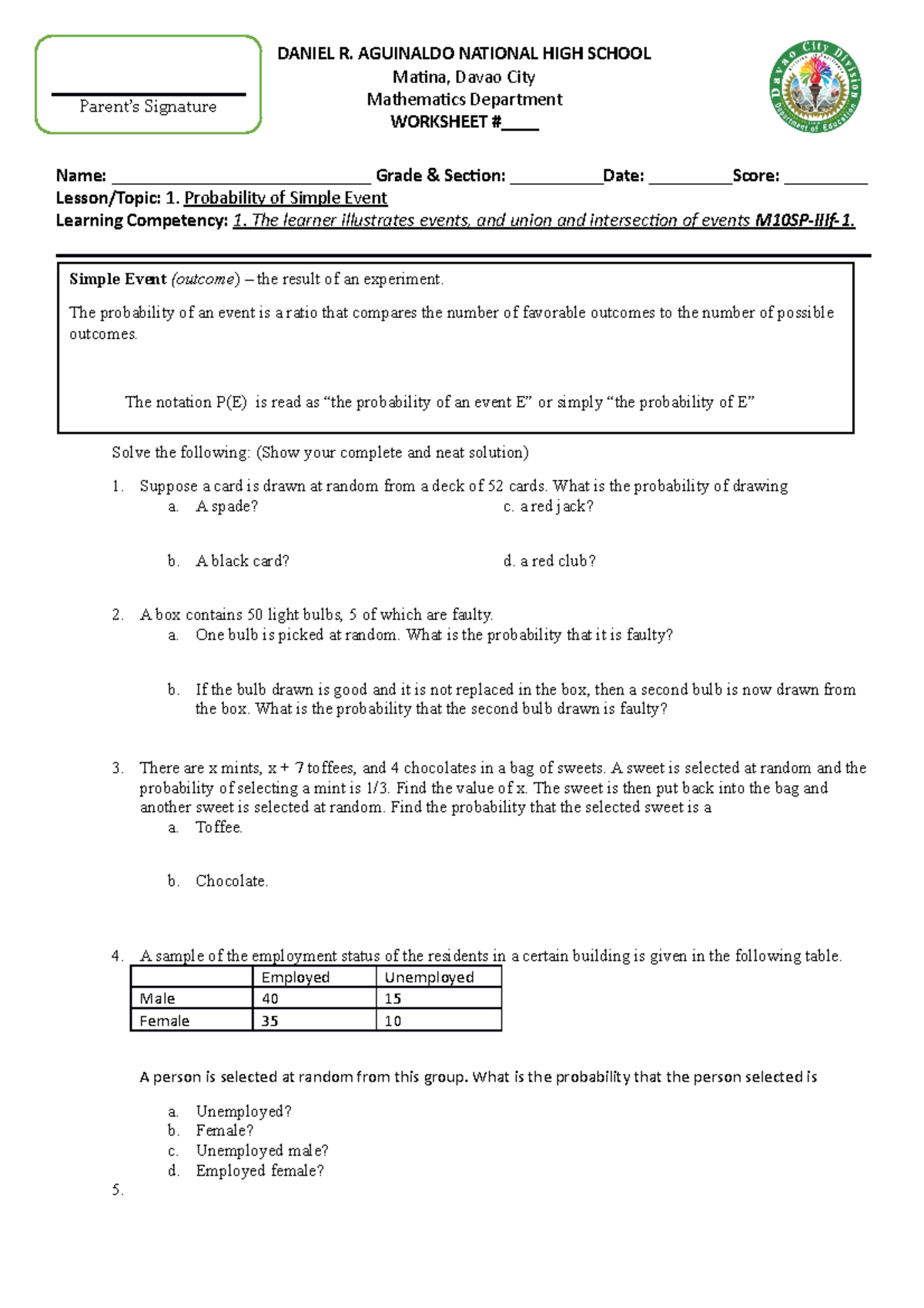 Worksheet Proba Ility OF Simple Event - DANIEL R. AGUINALDO NATIONAL ...