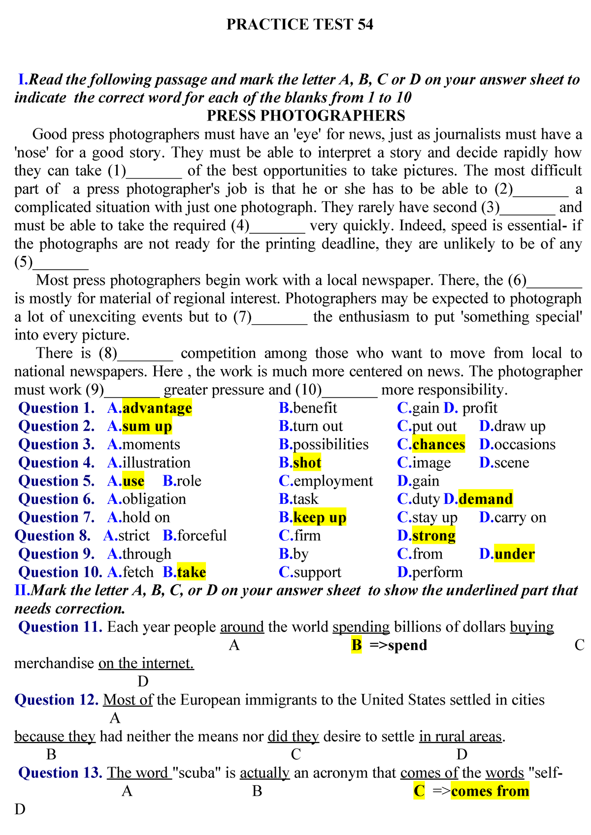 Practice 3 On Thi - PRACTICE TEST 54 I The Following Passage And Mark ...