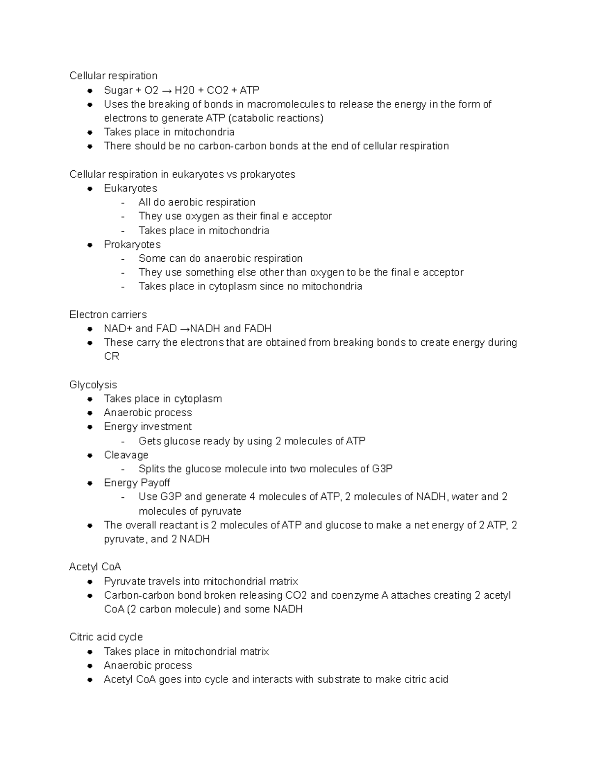 Biology Module 3 Notes - Cellular respiration Sugar + O2 → H20 + CO2 ...