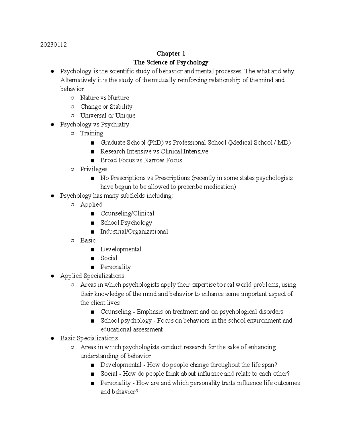 Main Psych 050 Notes - 20230112 Chapter 1 The Science of Psychology ...