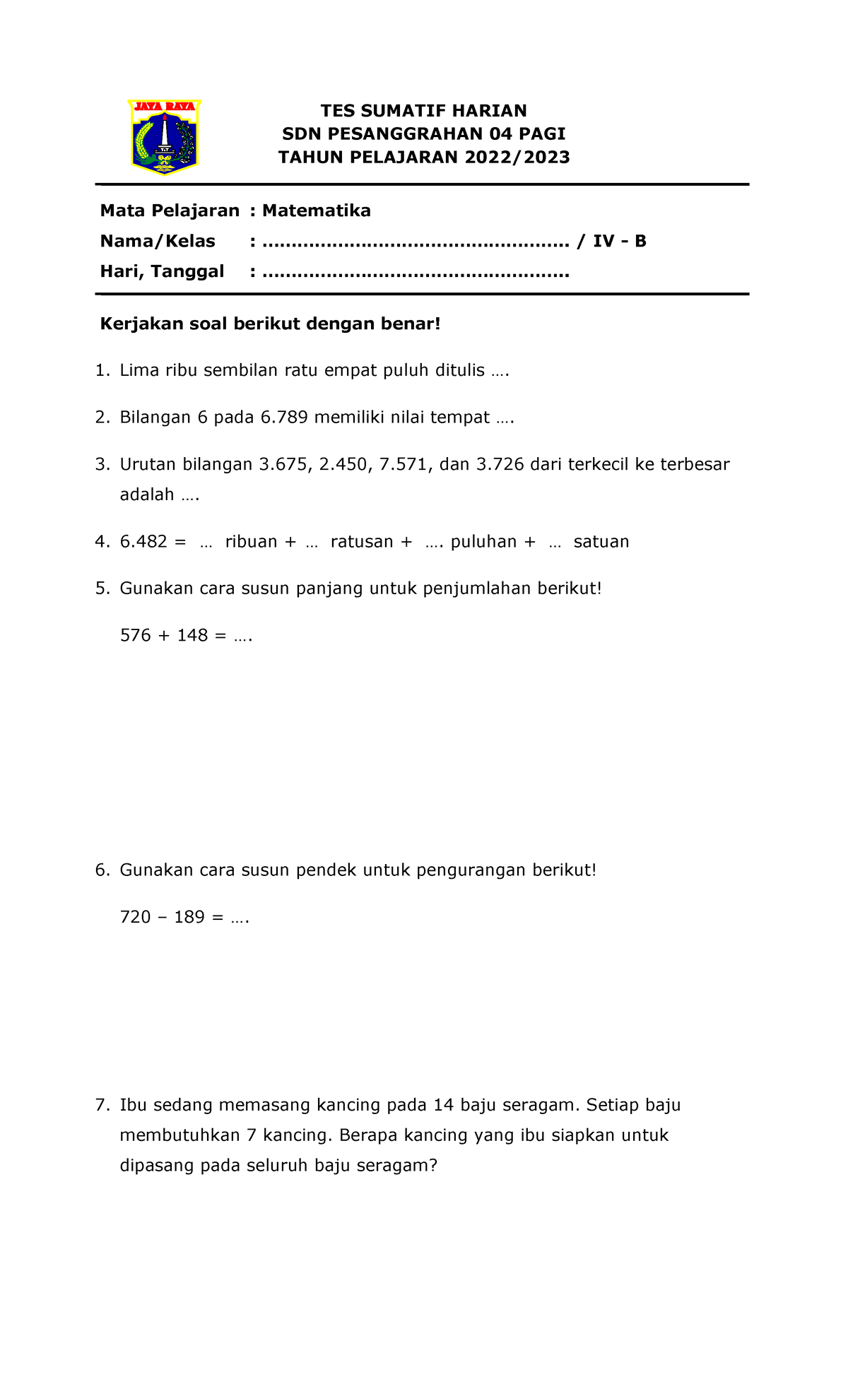 SH MTK Bab 1 - Sumatif Harian - TES SUMATIF HARIAN SDN PESANGGRAHAN 04 ...