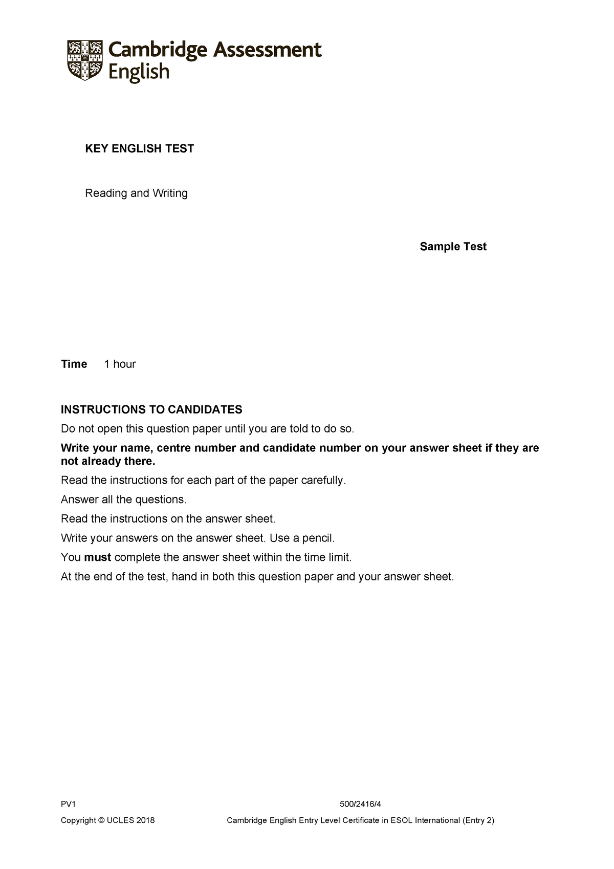 A2 Key 2020 Sample Tests Reading And Writing - Question Paper - Toeic ...