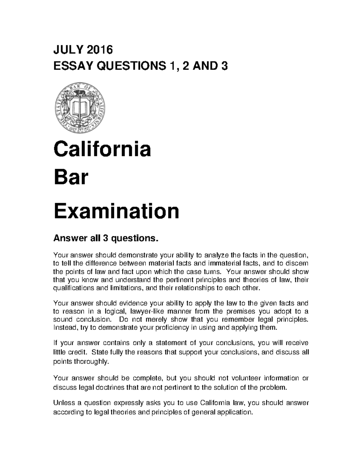 cal bar essays and answers