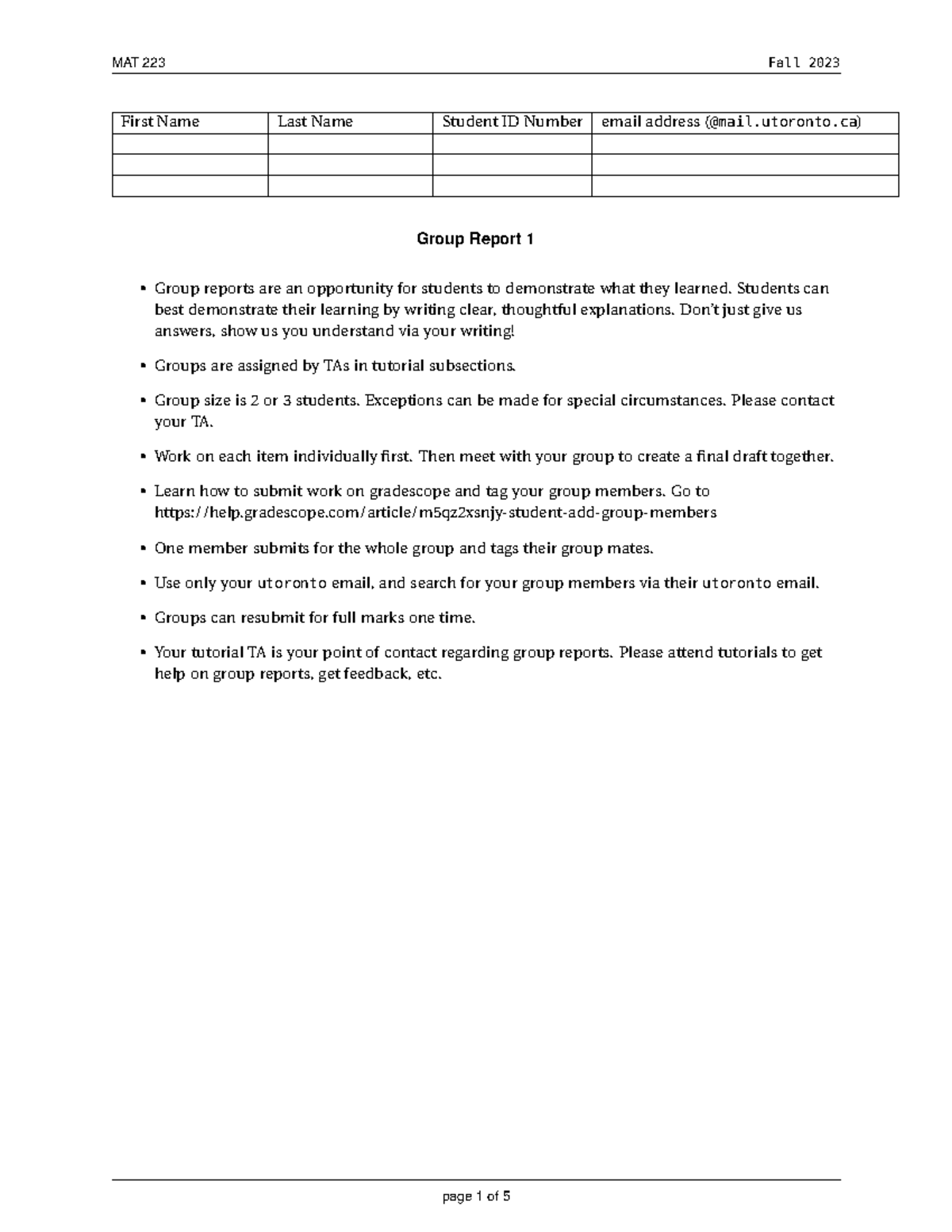 Group Report 1 - First Name Last Name Student ID Number email address ...