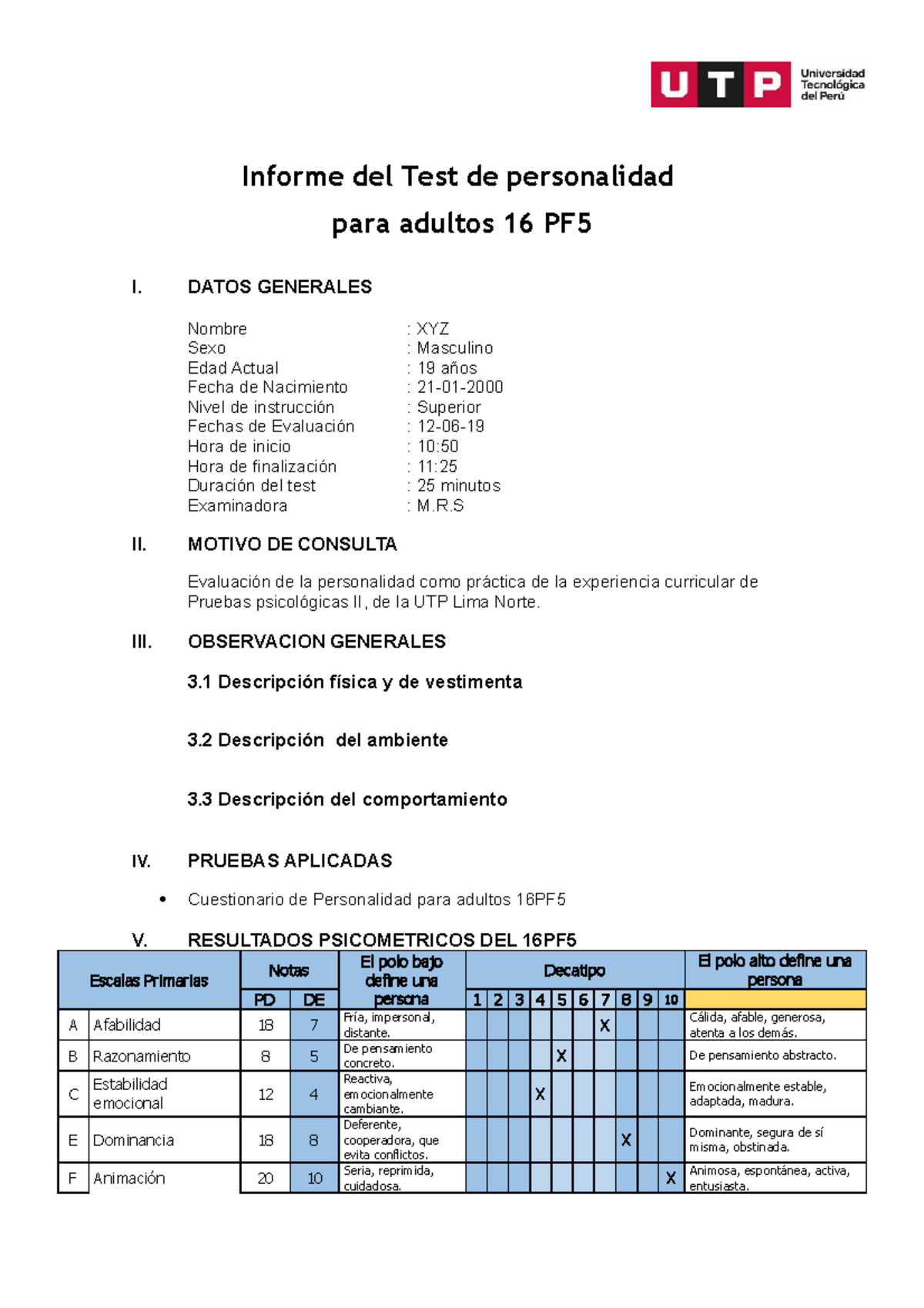 Modelo DE Informe DE Personalidad 16 PF5 - Informe Del Test De ...