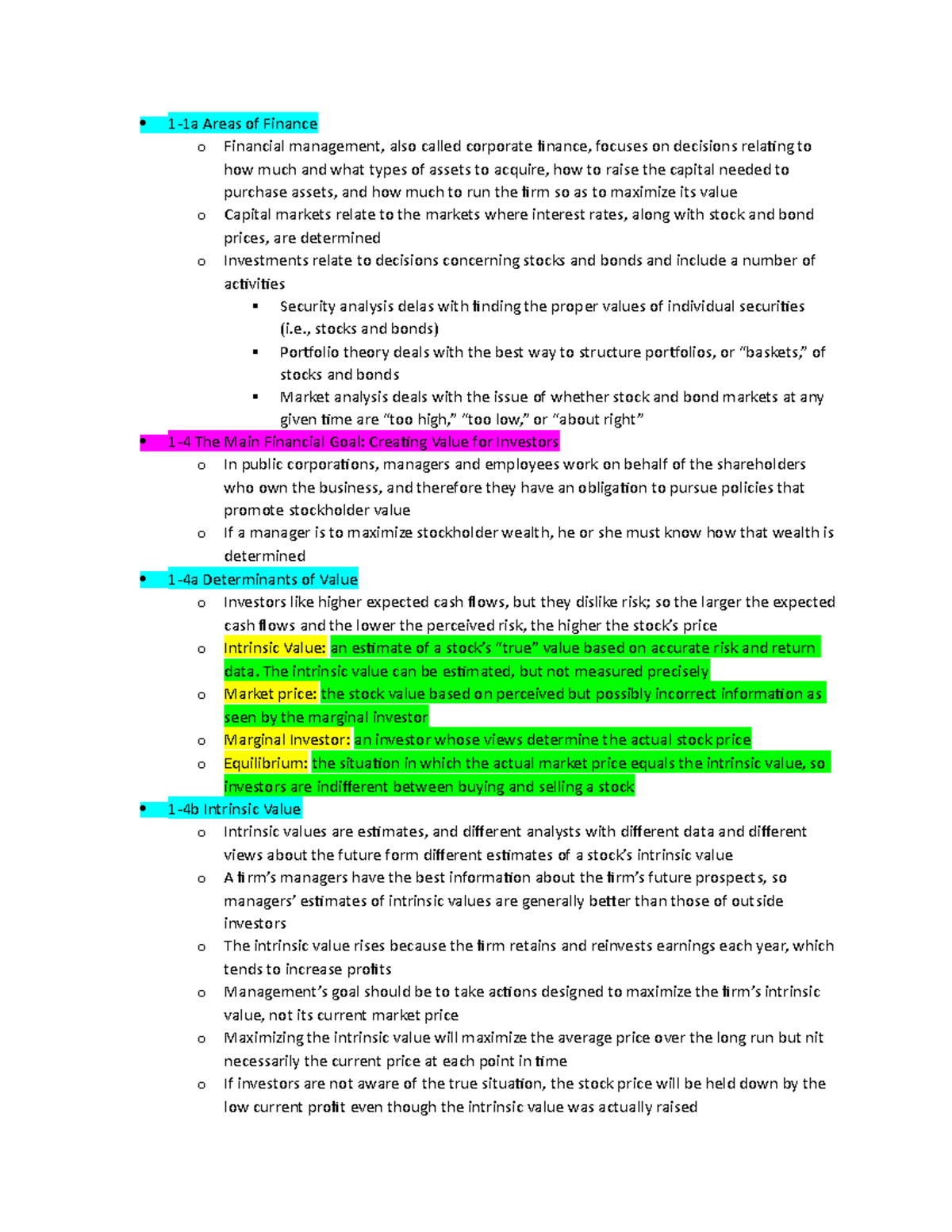 Finance Chapter 1 Textbook 1 1a Areas Of Finance O Financial
