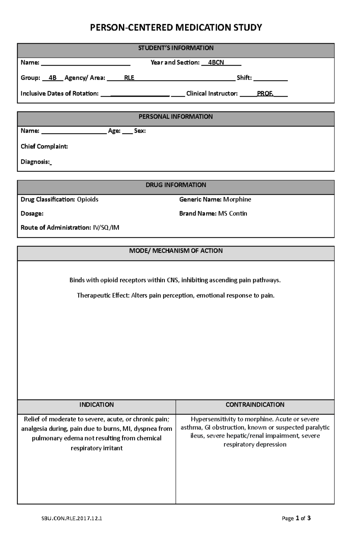 Drug Study Morphine - PERSON-CENTERED MEDICATION STUDY STUDENT’S ...