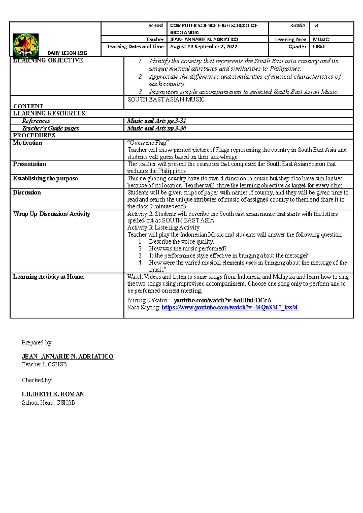 DLLWeek2 Music DLL DAILY LESON LOG School COMPUTER SCIENCE HIGH