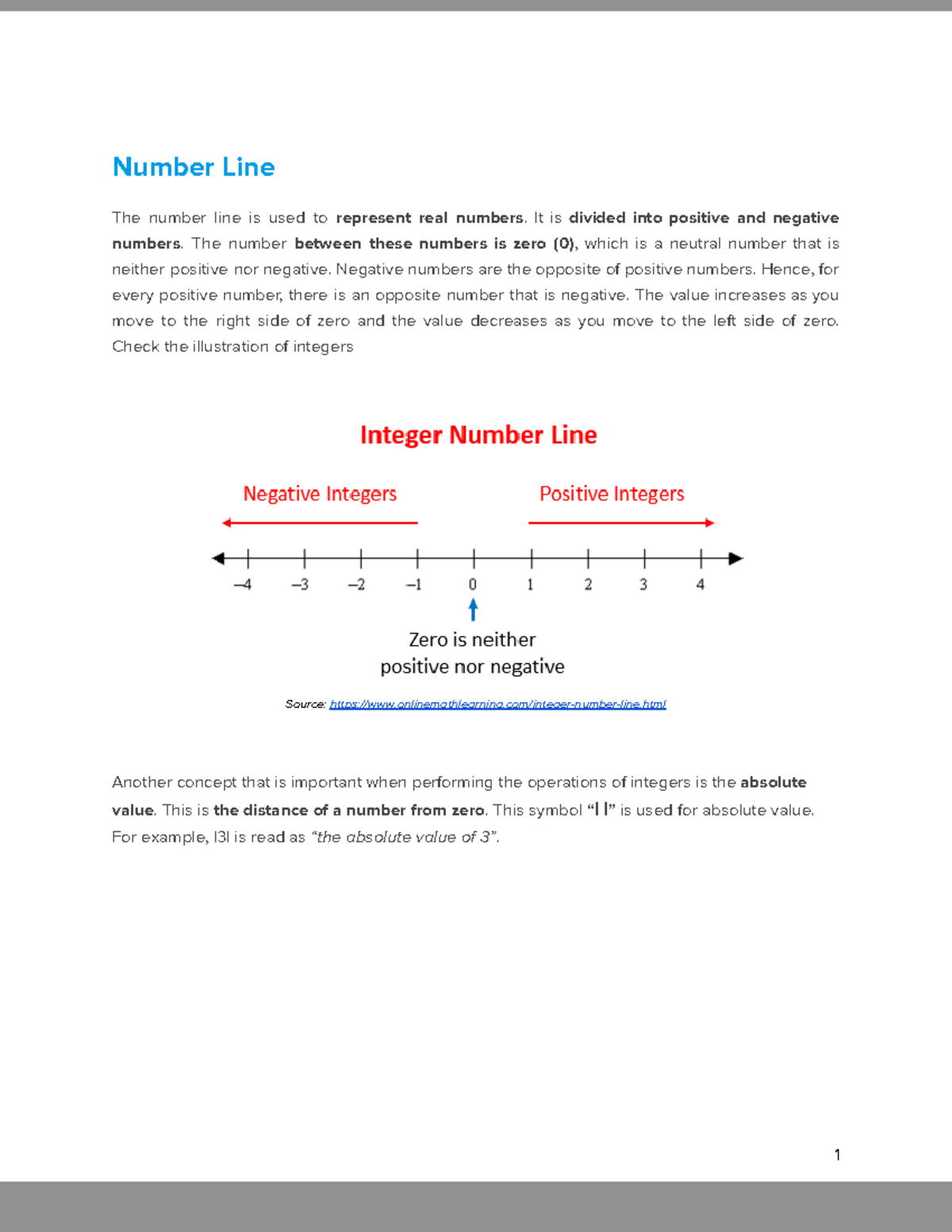Reading Material 1 College Logic and Math Number Line The number line