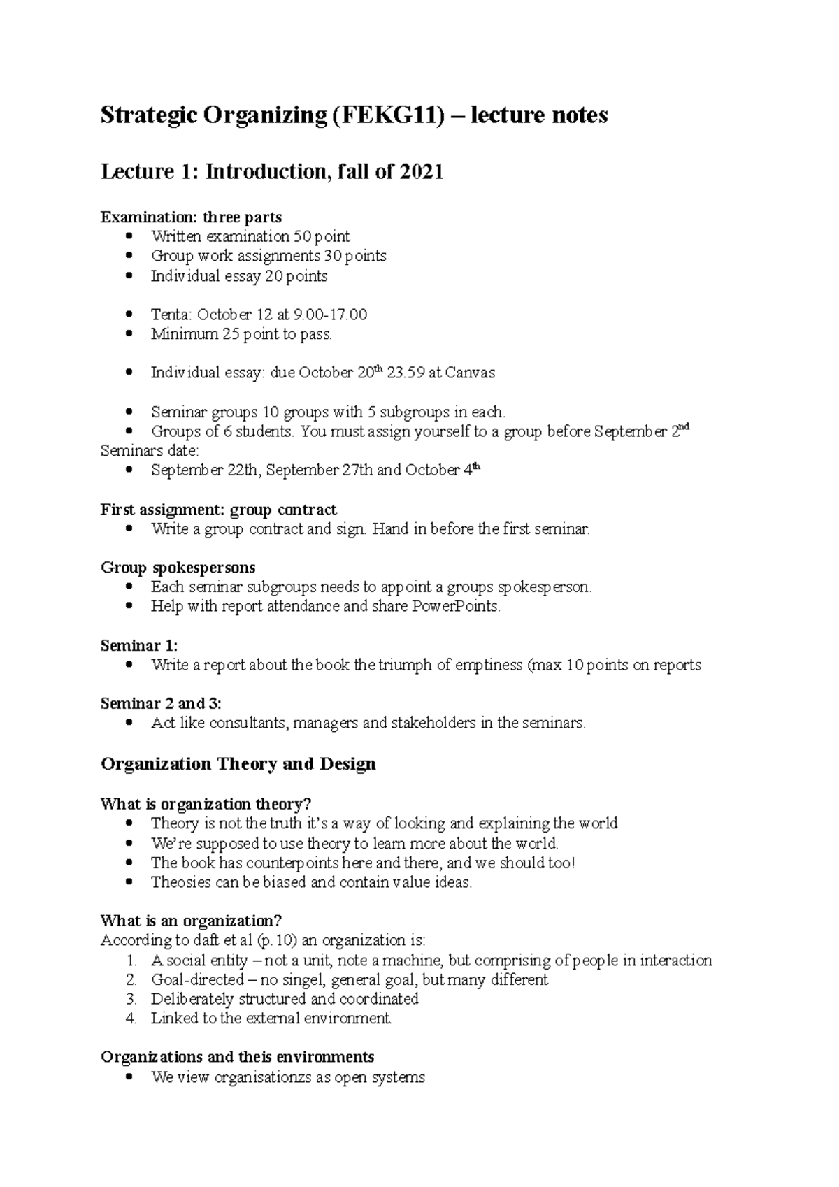 Strategic Organizing lecture notes - Strategic Organizing (FEKG11 ...