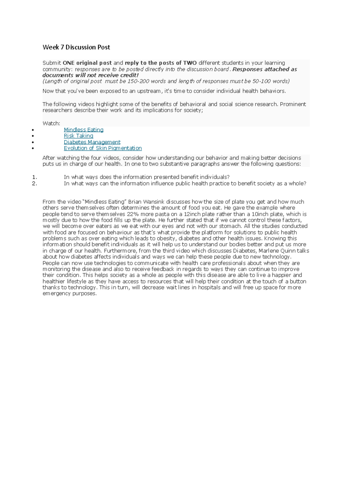 Week 7 Discussion Post - Week 7 Discussion Post Submit ONE original ...