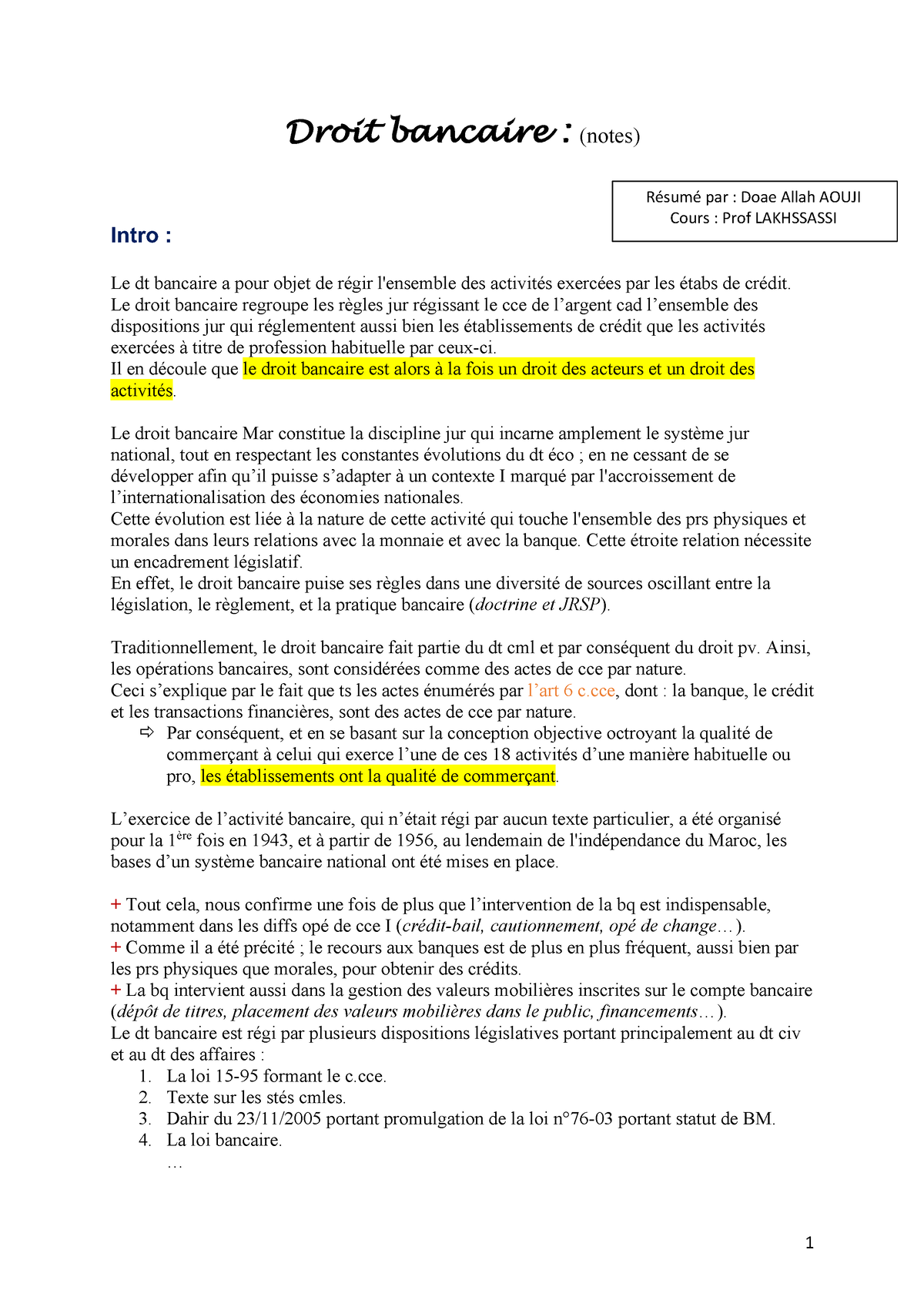 Droit Bancaire Notes 1 - Droit Bancaire : (notes) Intro : Le Dt ...