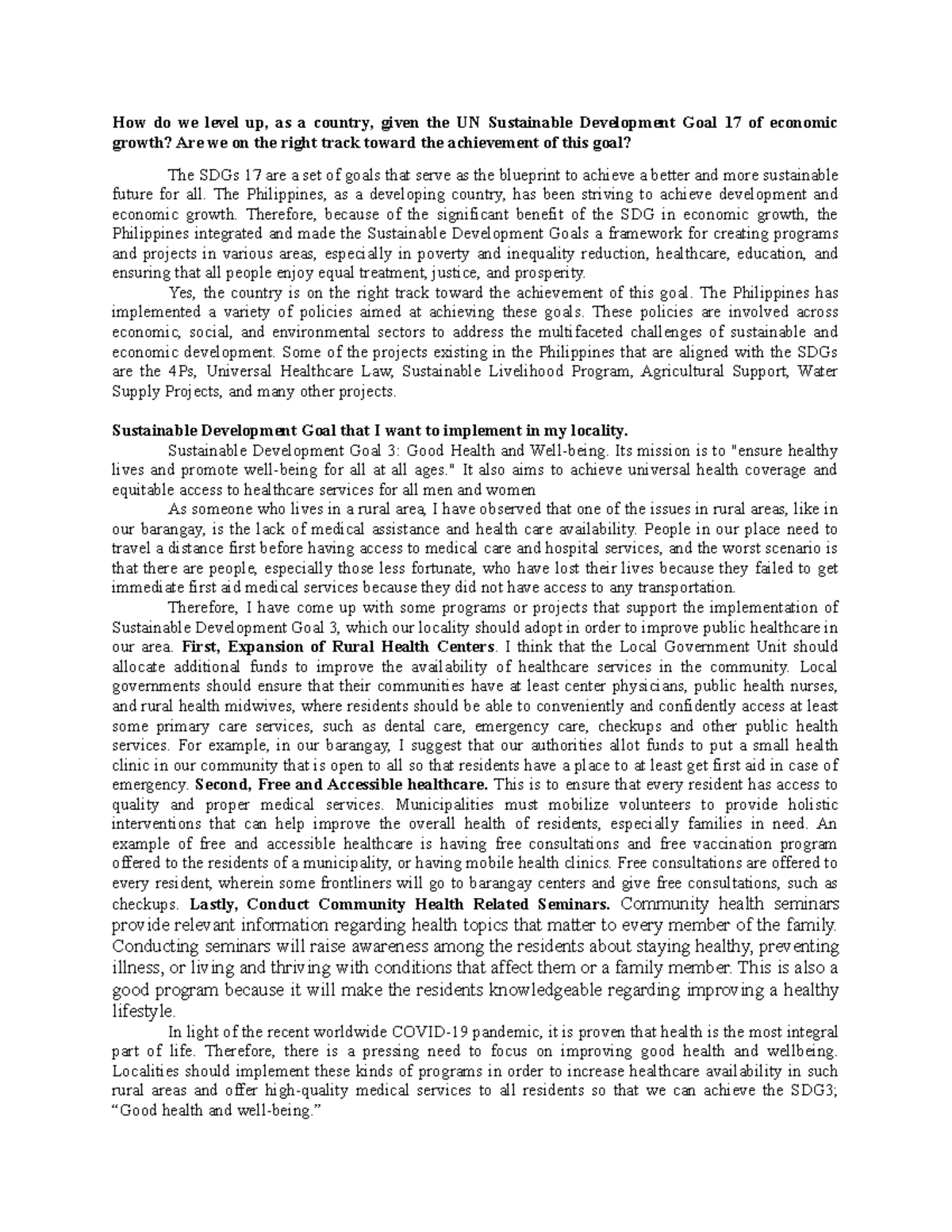 Econ Dev SDGs Essay How do we level up as a country given the UN