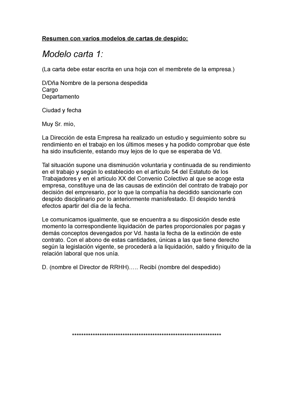 Modelo Carta De Despido Resumen Con Varios Modelos De Cartas De Despido Modelo Carta 1 La 2611