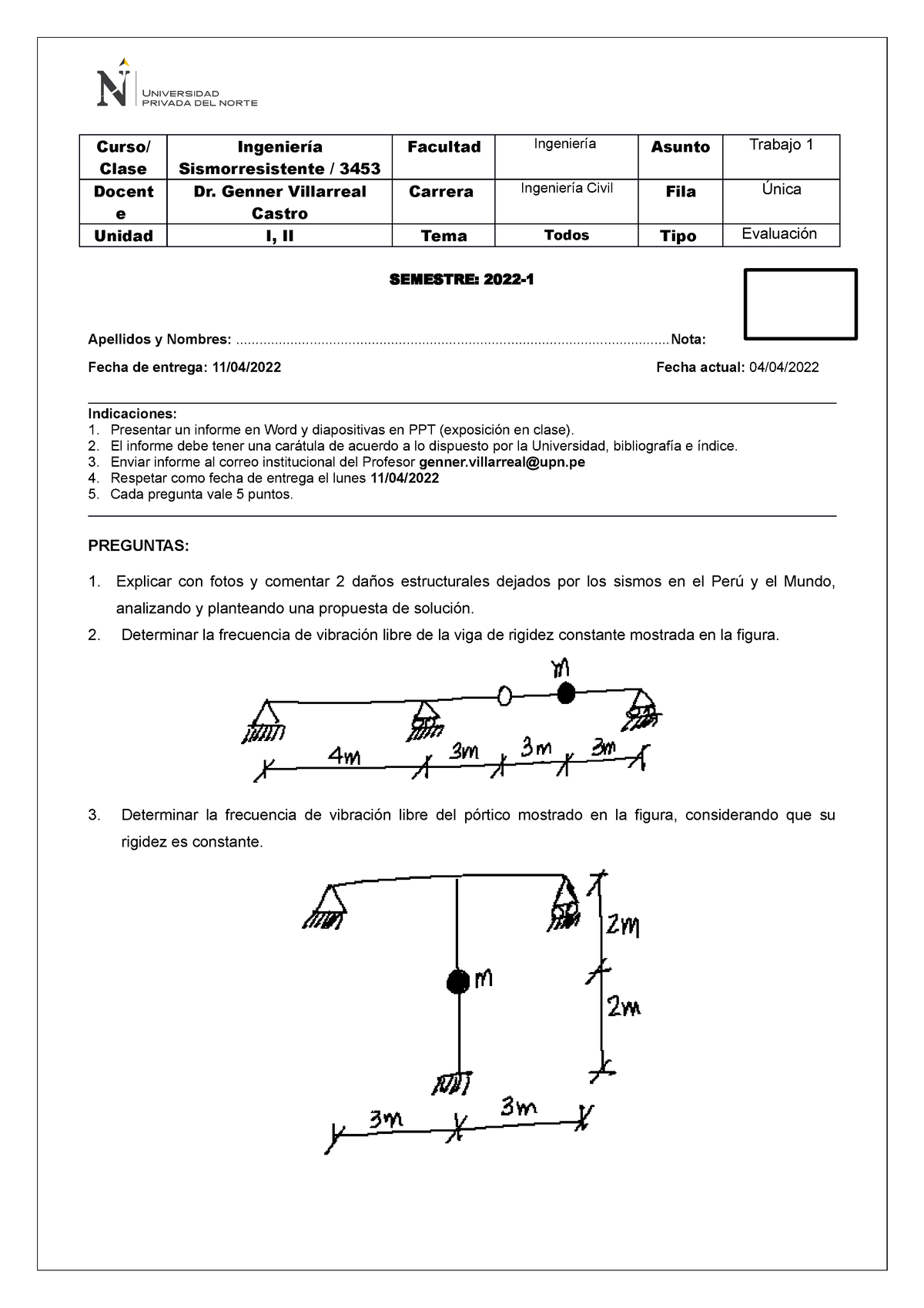 T1 G1 Examen T1 De Ingenieria Sismorresistente - Curso/ Clase ...