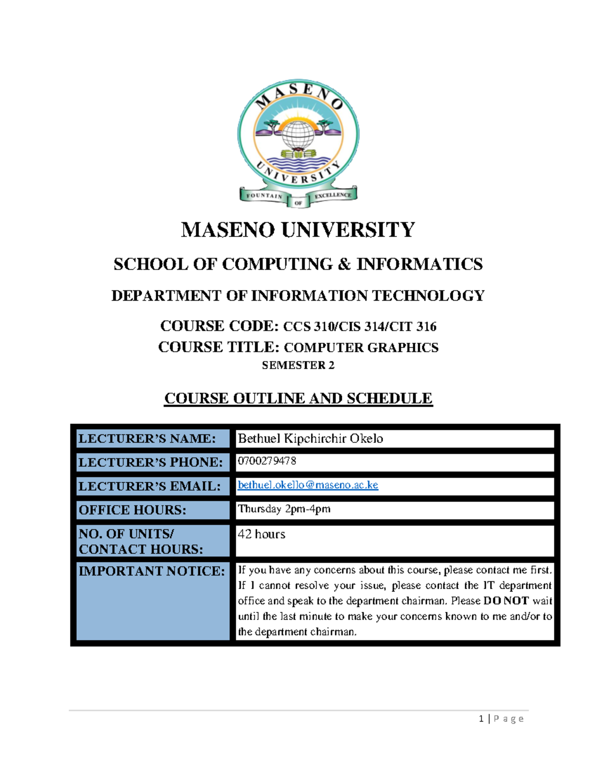 Computer Graphics - Course Outline - MASENO UNIVERSITY SCHOOL OF ...