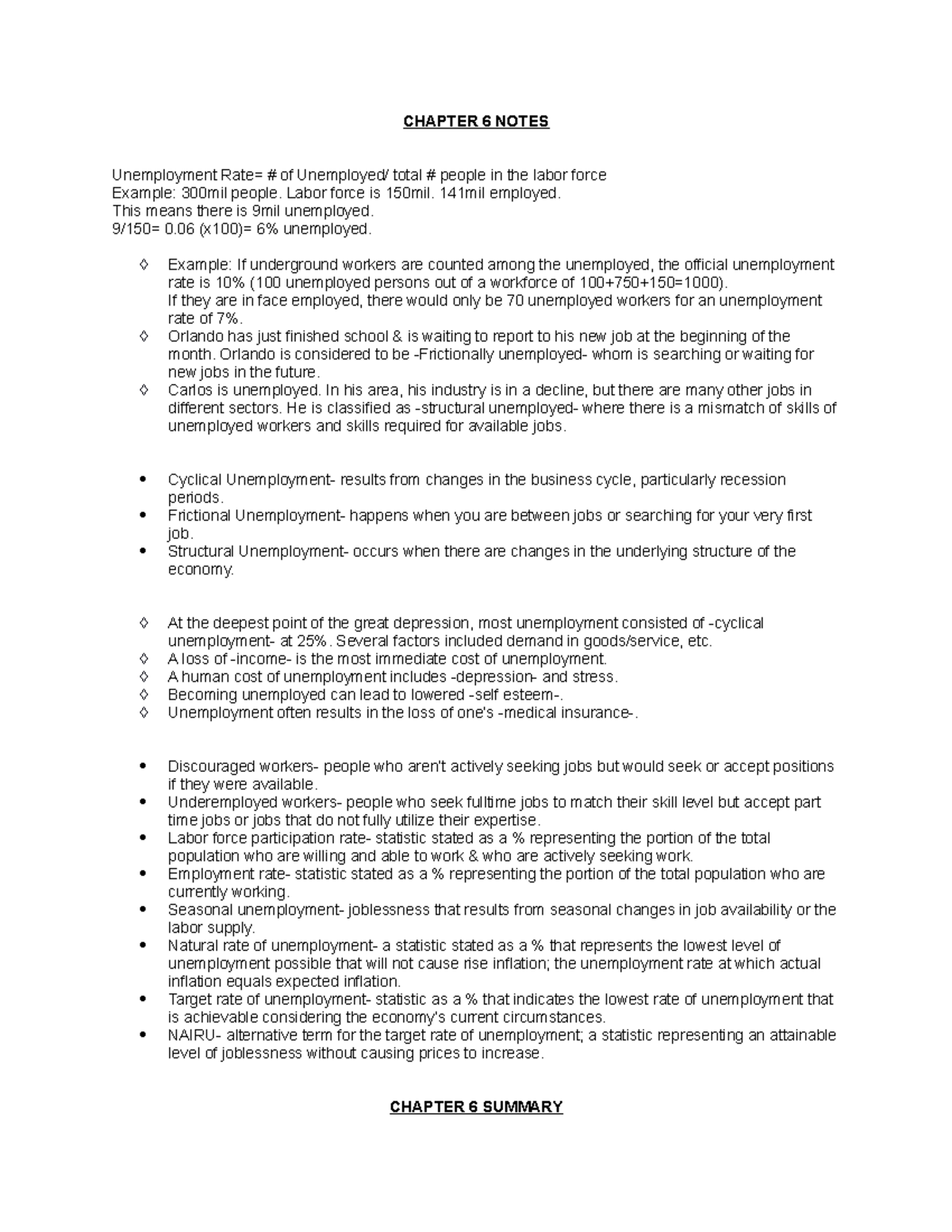 Chapter 6 Notes - CHAPTER 6 NOTES Unemployment Rate= # Of Unemployed ...