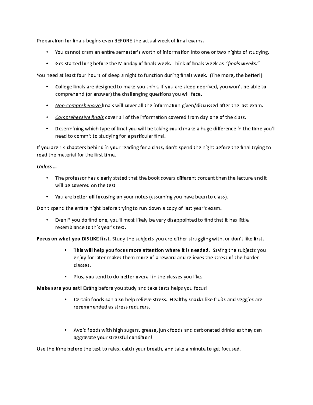 College 102 - notes - Preparation for finals begins even BEFORE the ...