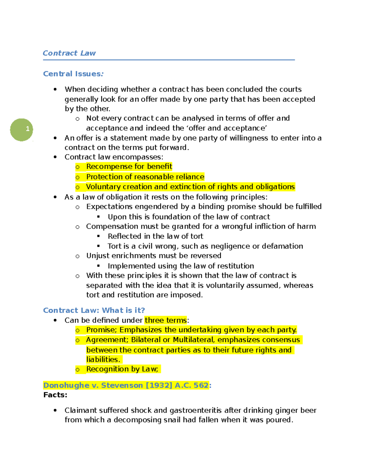Offer & Acceptance - Lecture notes 1-3 - Contract Law Central Issues: 1 ...