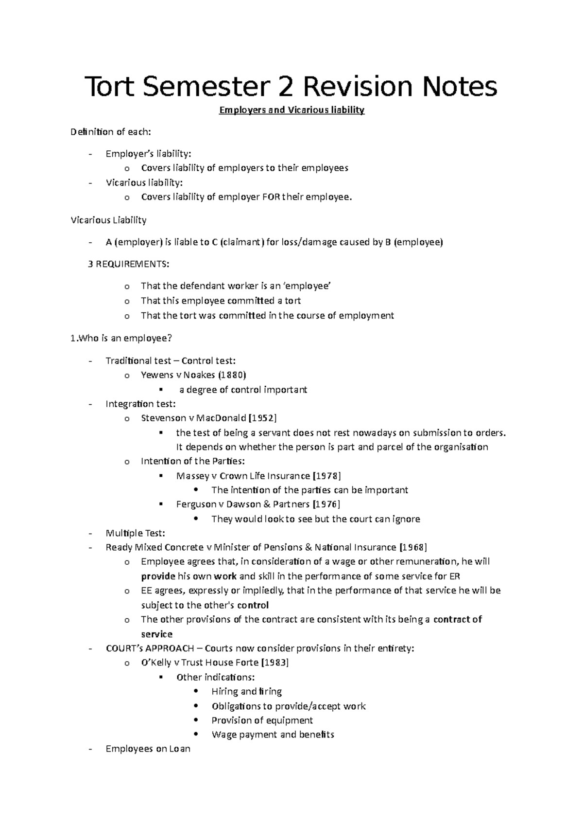 Tort Law Semester 2 All Revision Notes Tort Semester 2 Revision Notes Employers And Vicarious Tort Law Semester 2 All Revision Notes Tort Semester 2 Revision Notes Employers And Vicarious