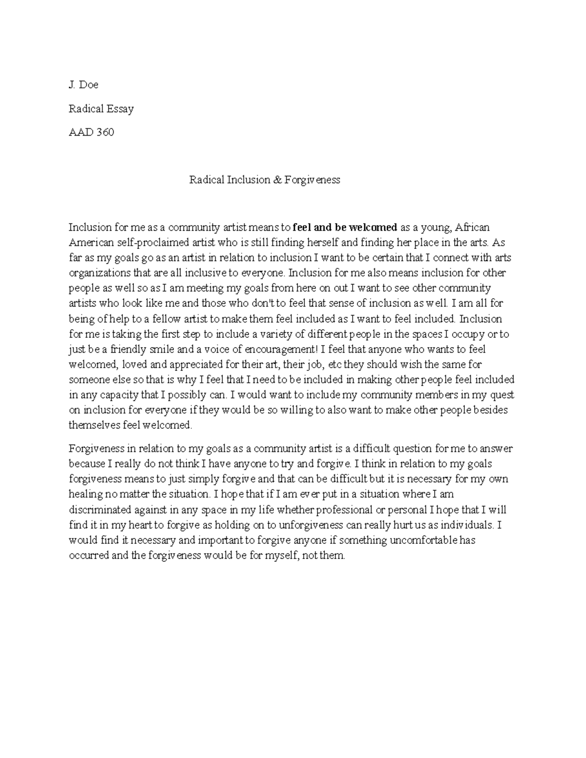 AAD 360 Radical Inclusion & Forgivness - J. Doe Radical Essay AAD 360 ...