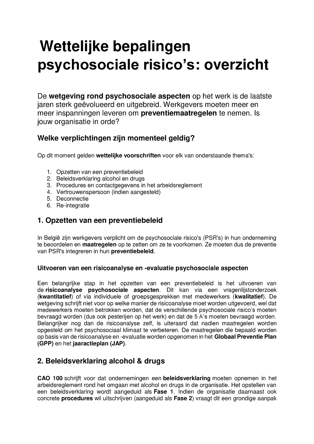 Wettelijke Bepalingen Psychosociale Risicos Overzicht - Wettelijke ...