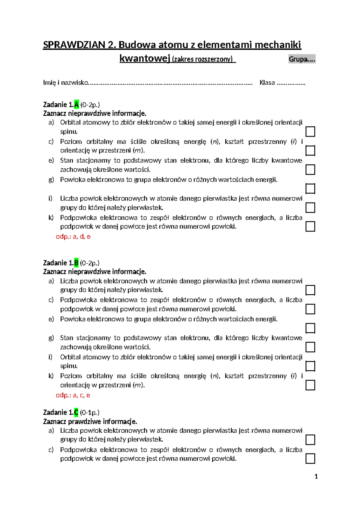 Sprawdzian Z Budowy Atomu Kl 1 Gimnazjum www.studocu.com