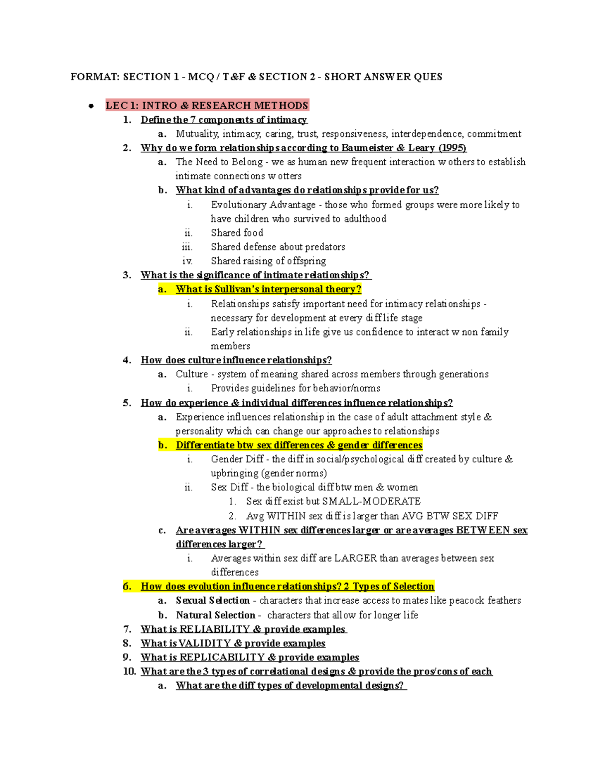 PSY424 Midterm PREP - FORMAT: SECTION 1 - MCQ / T&F & SECTION 2 - SHORT ...