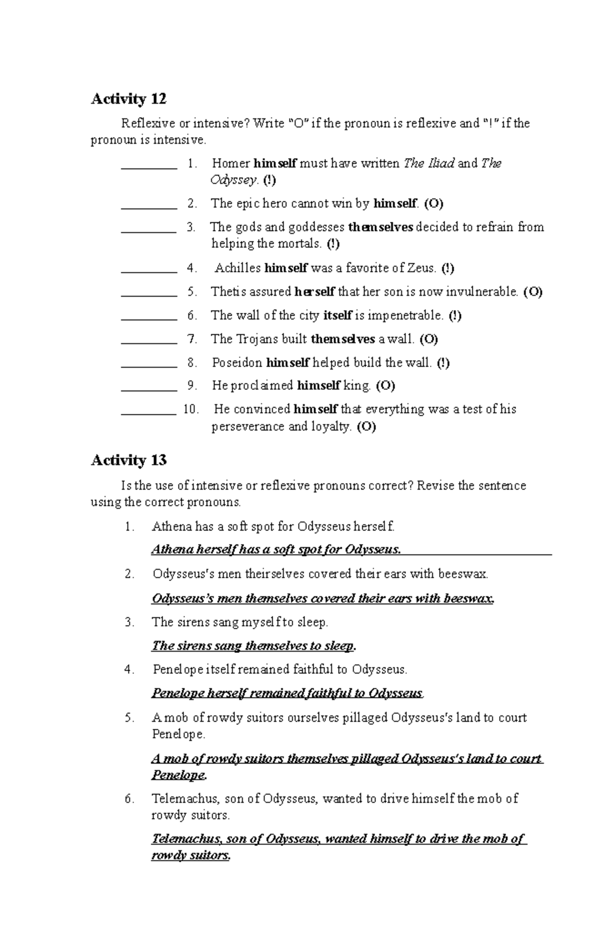 ENG 10 - 1.1 Activity on Intensive and Reflexive Pronoun with correct ...