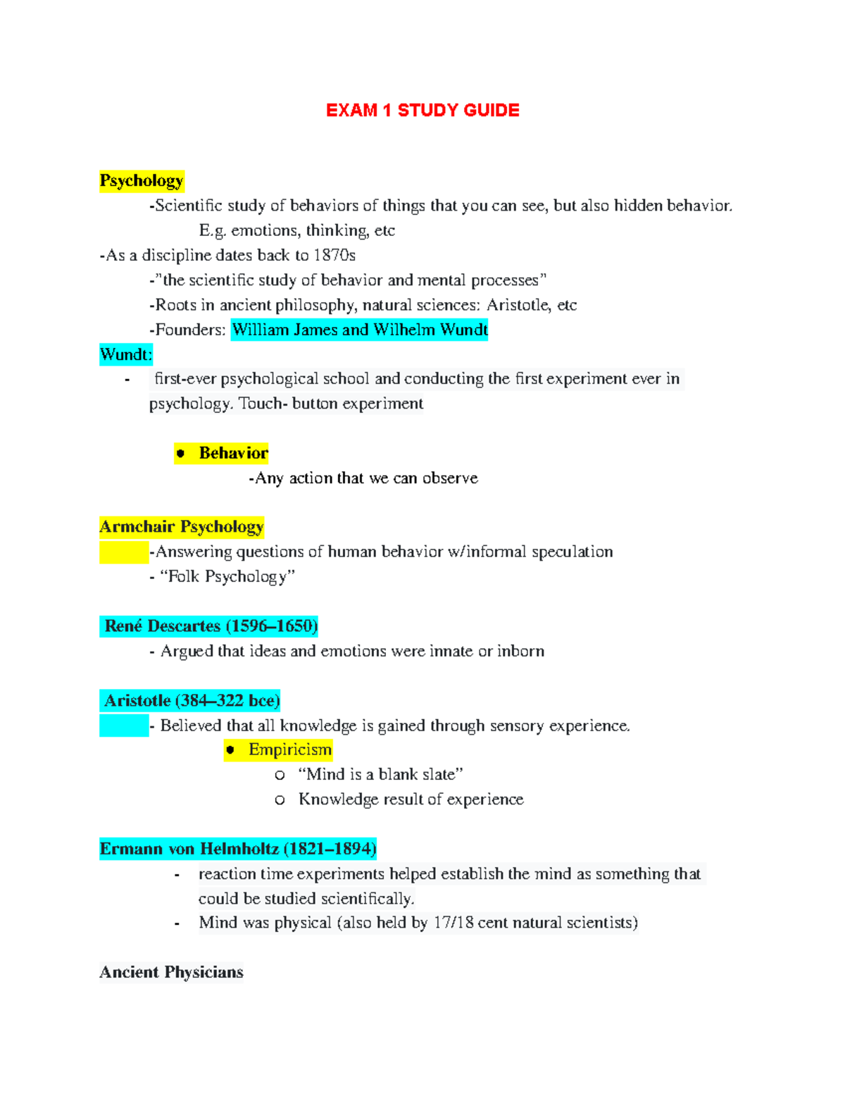 Exam 1 Study Guide - EXAM 1 STUDY GUIDE Psychology - Scientific Study ...