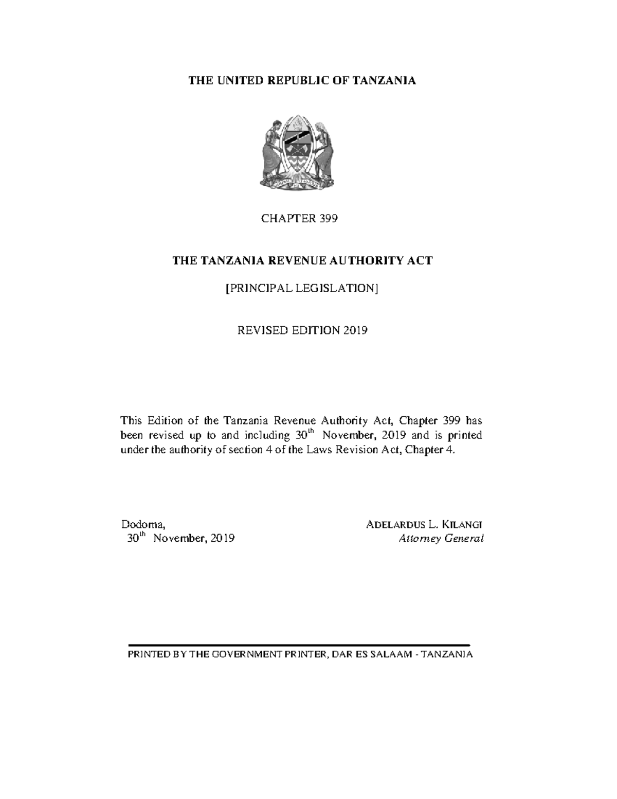 Chaper 399-THE Tanzania Revenue Authority ACT - 01 - 1 THE UNITED ...