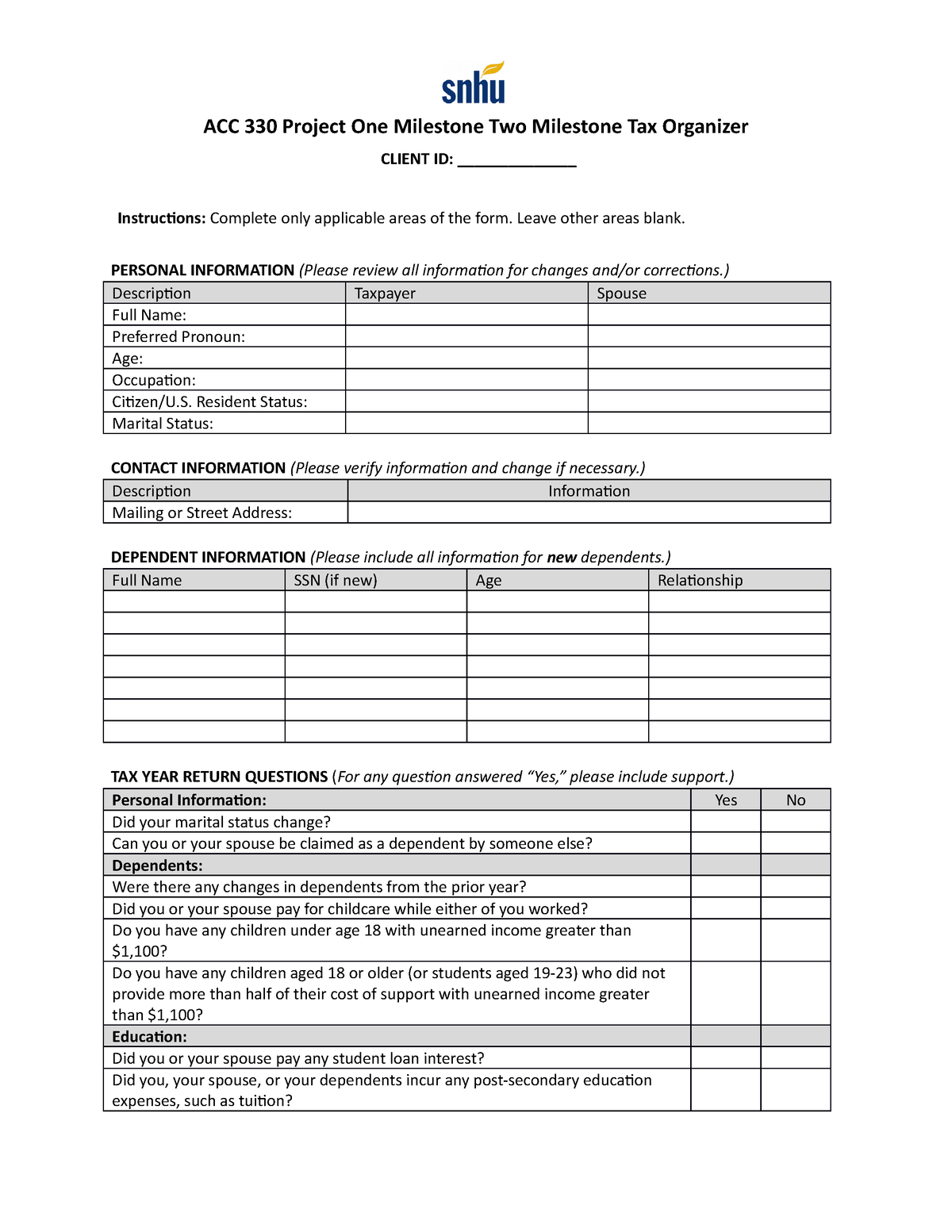 ACC 330 Project One Milestone Two Tax Organizer Template - ACC 330 ...