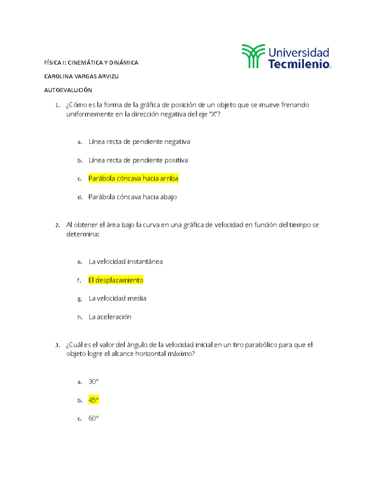 Autoevaluci N Trabajo F Sica I Cinemtica Y Dinmica Carolina