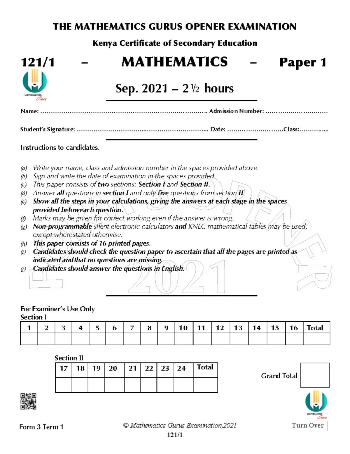 Gurus EXAM, September 2021 - FORM 3 copy - © Mathematics Gurus ...