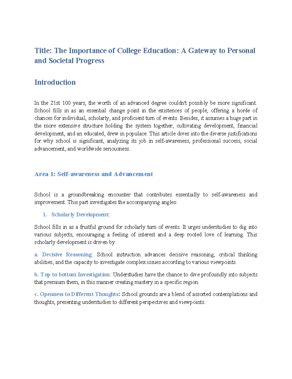 Essay - 1st and sec assignment - Title: The Importance of College ...