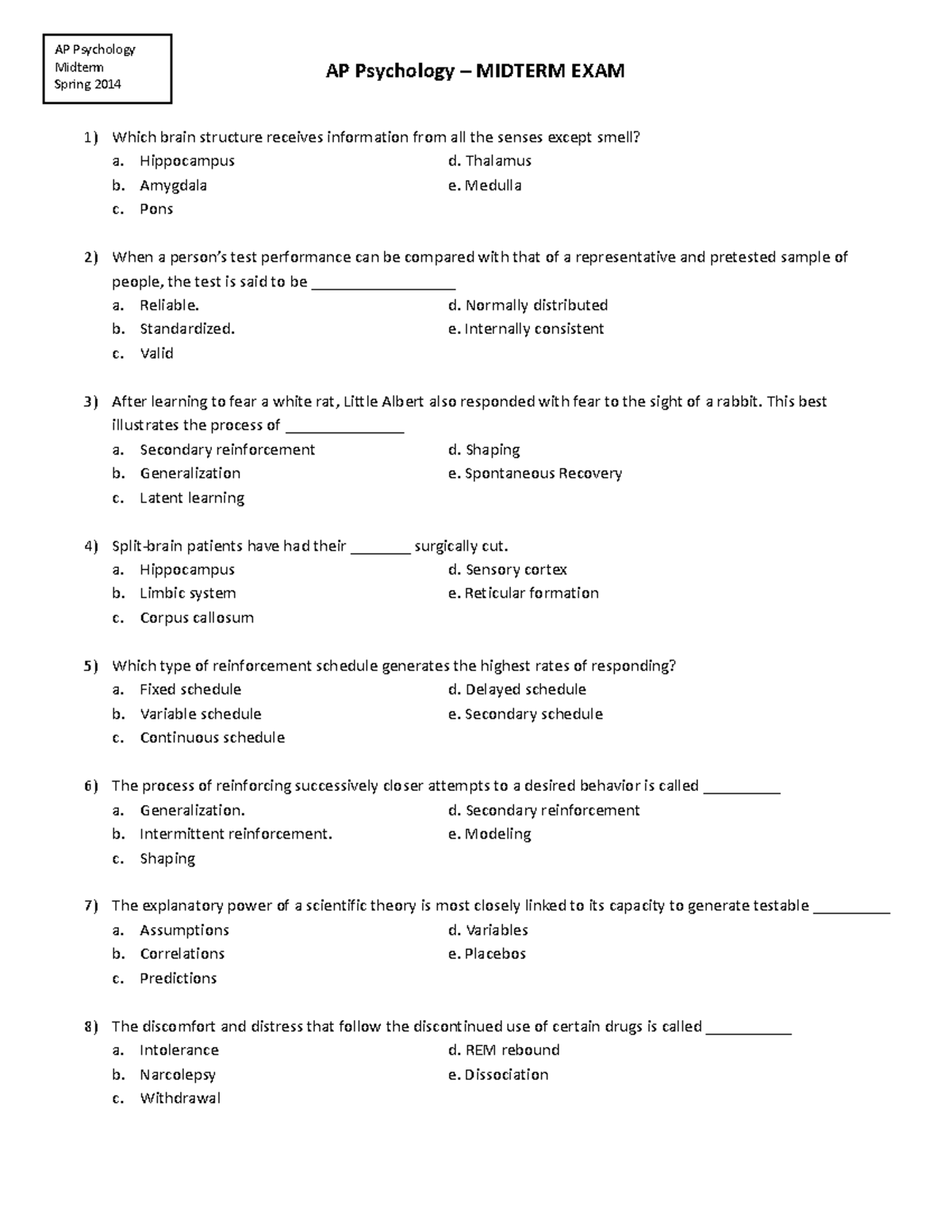 AP midterm - math - AP Psychology – MIDTERM EXAM Which brain structure ...