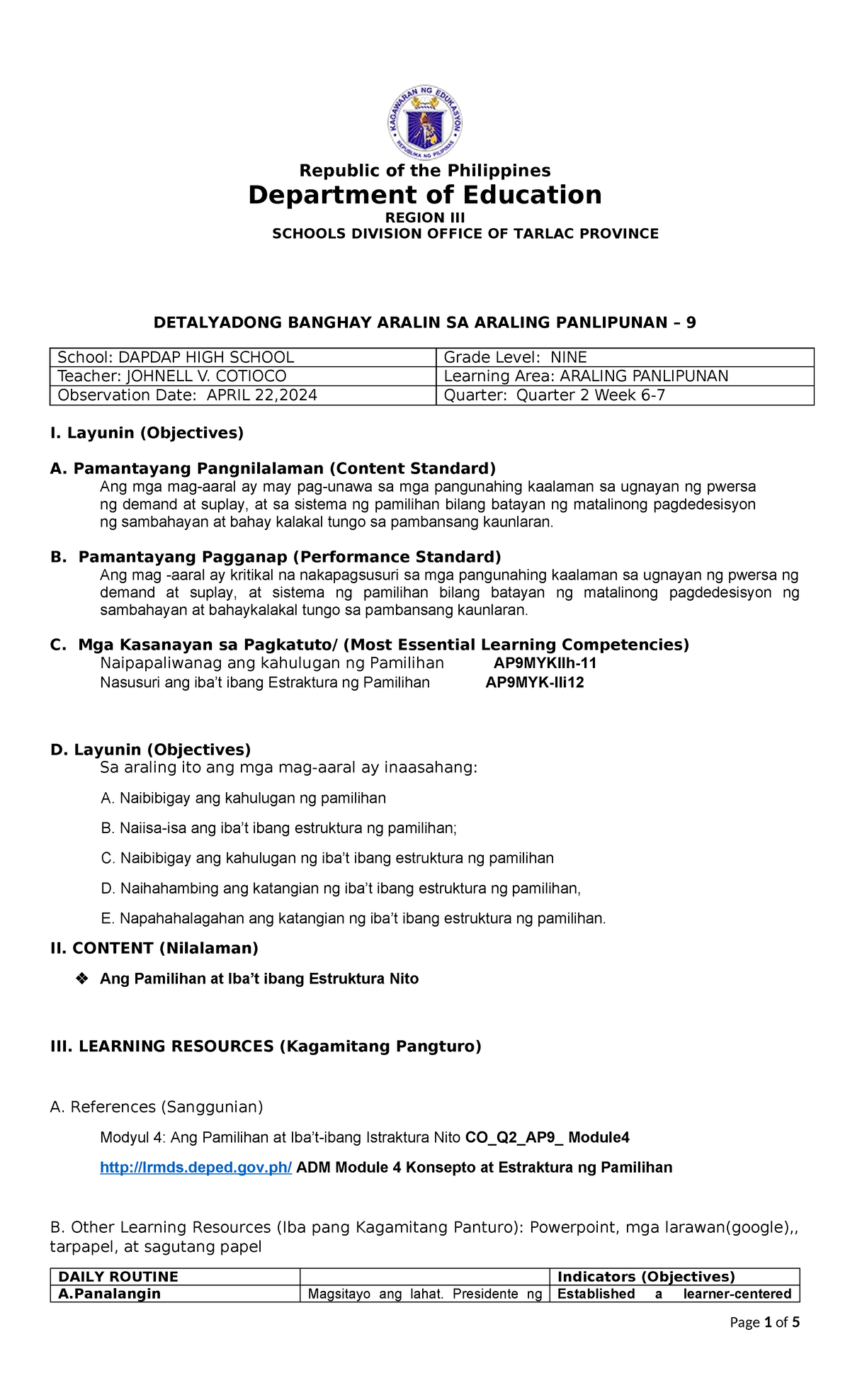 Sample deped format - Republic of the Philippines Department of ...