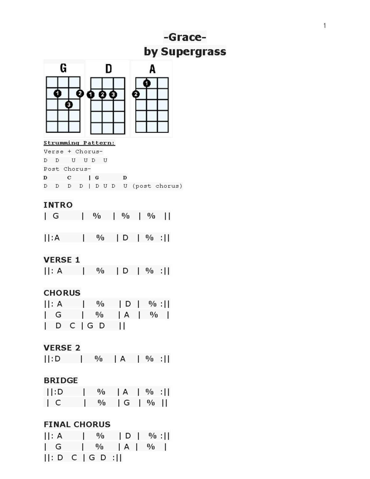Grace Song Sheet 1 Grace by Supergrass Strumming Pattern Verse + Chorus D D U U D U Post
