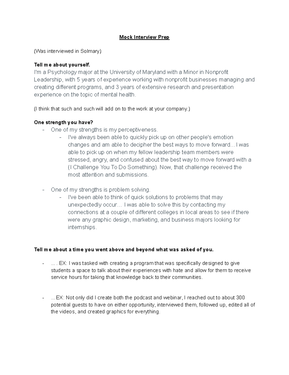 Example of Mock Interview Prep - Mock Interview Prep (Was interviewed ...