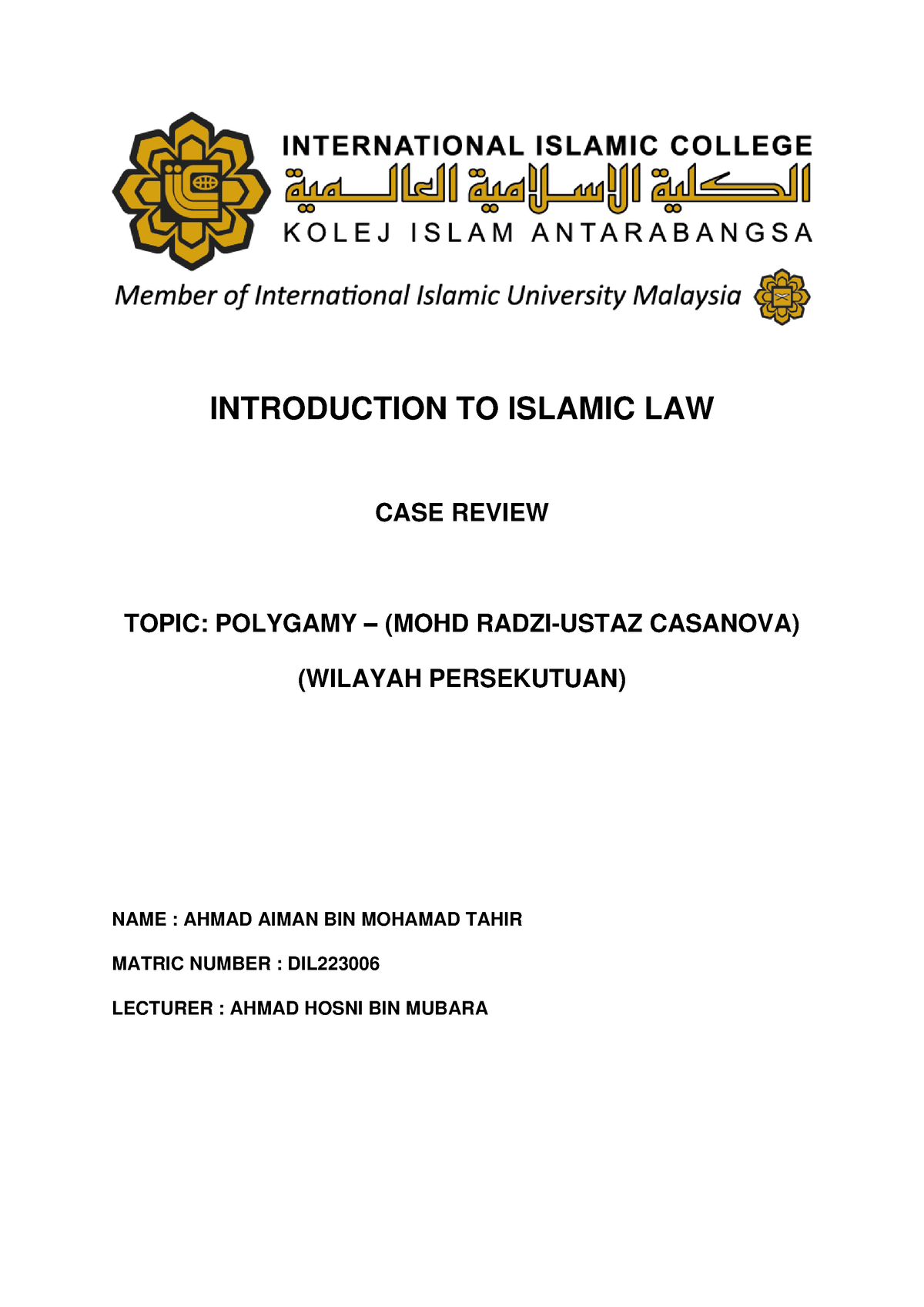 Polygamy (case Review) - INTRODUCTION TO ISLAMIC LAW CASE REVIEW TOPIC ...