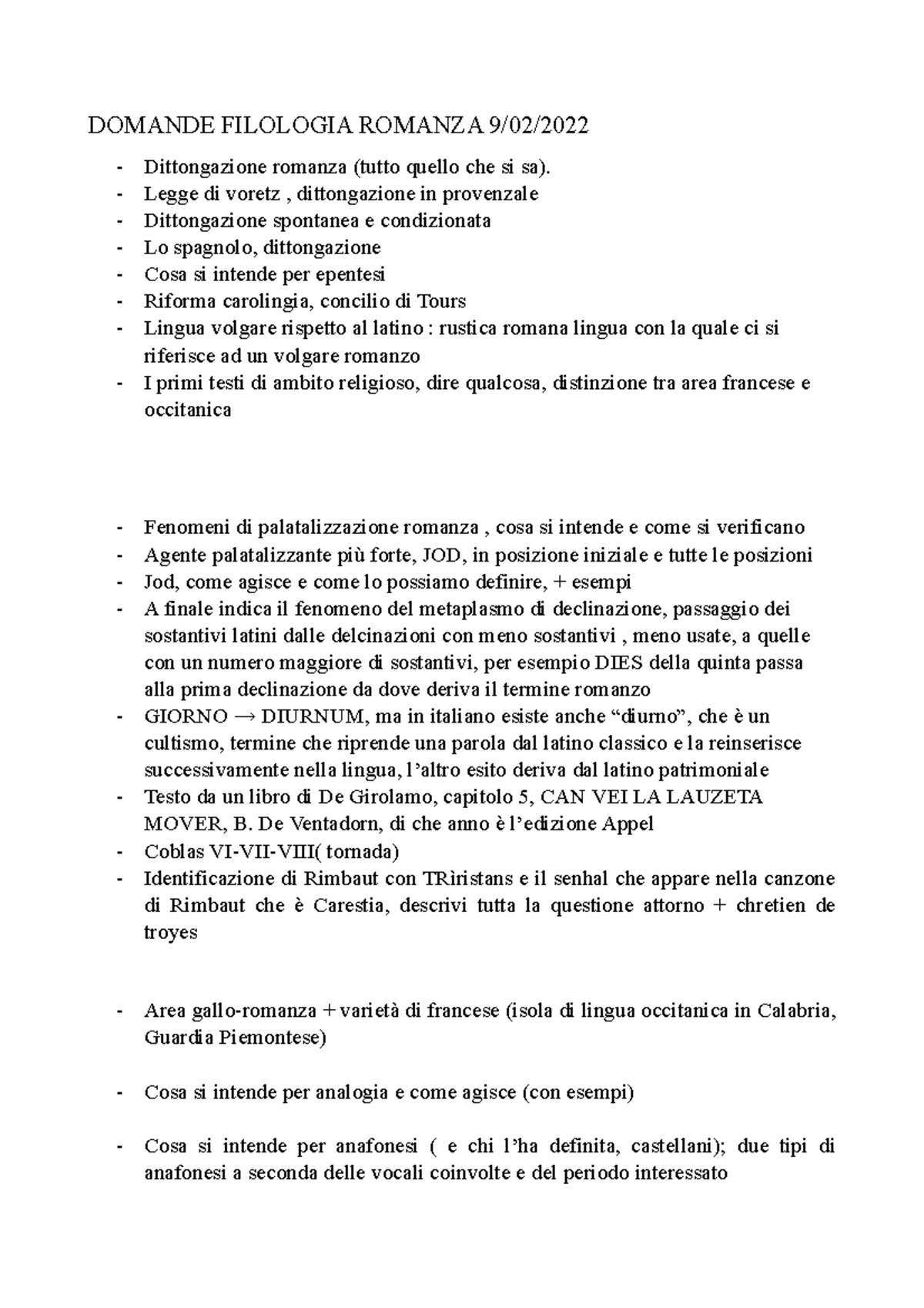 Domande esame 9 febbraio 2022 DOMANDE FILOLOGIA ROMANZA 9/02