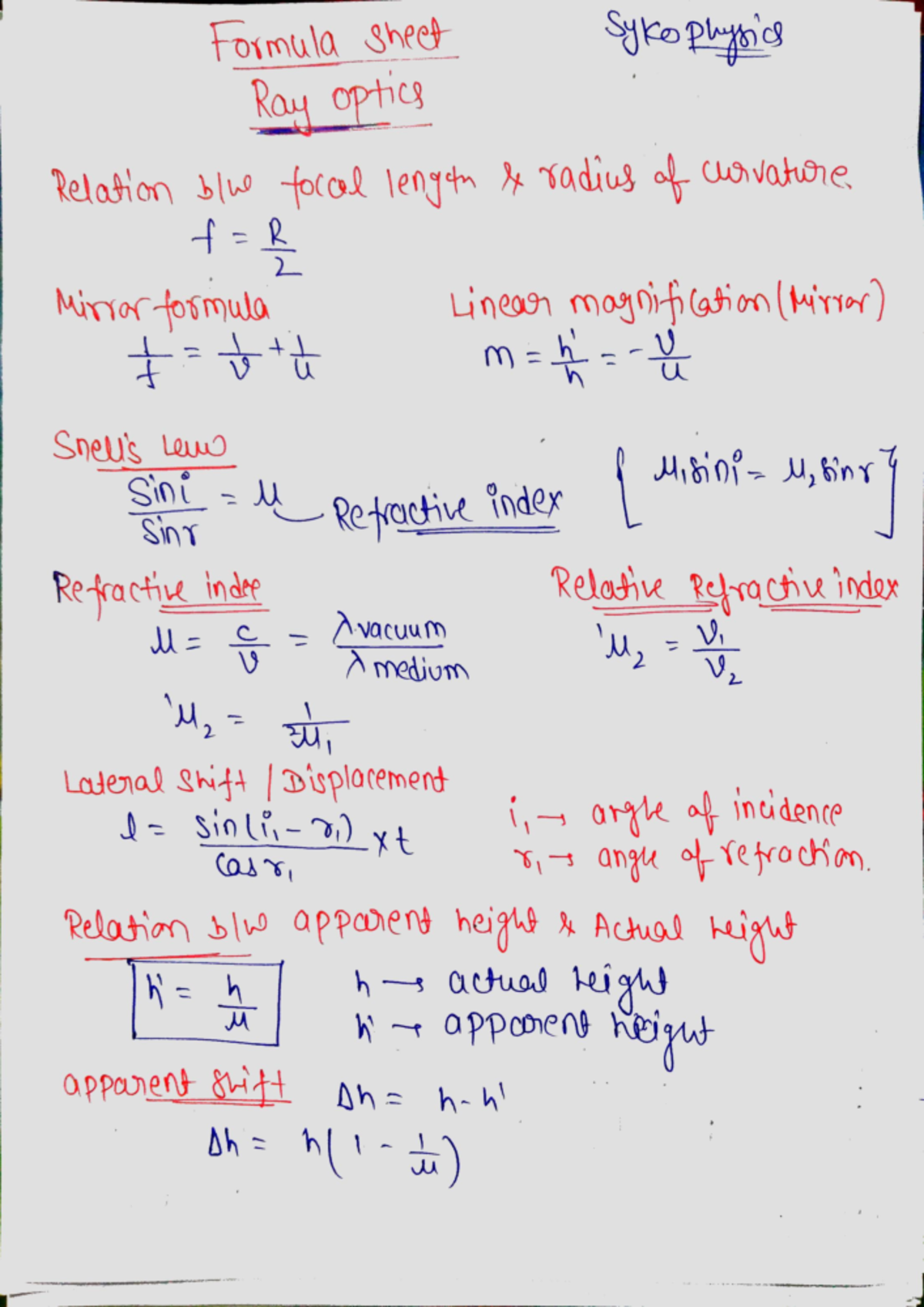 Formula sheet ray optics class 12 physics - Formula sheet Sykophysics ...