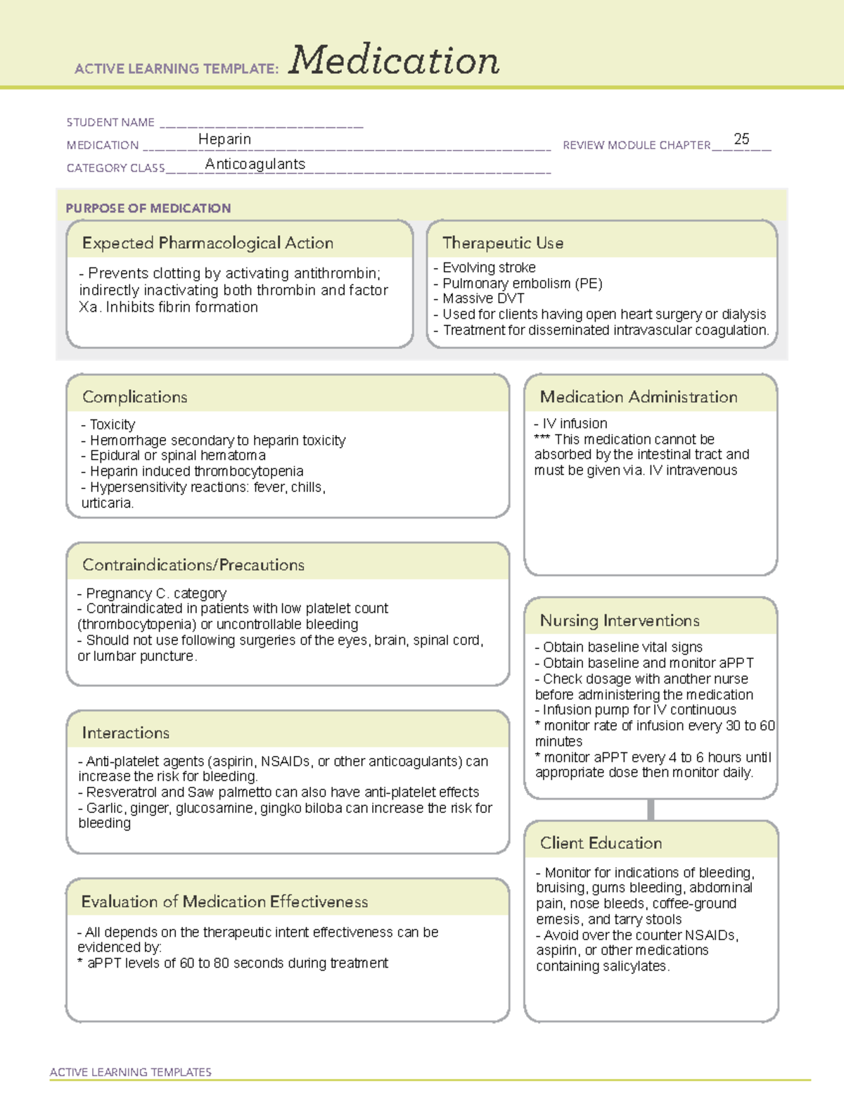 Heparin Medication ACTIVE LEARNING TEMPLATES Medication STUDENT NAME