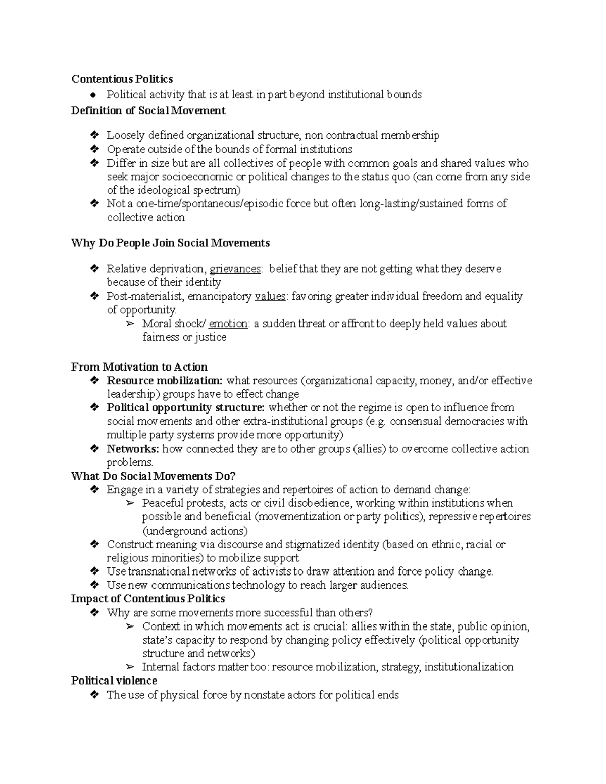 POLS Lecture Notes 2 - Contentious Politics Political activity that is ...