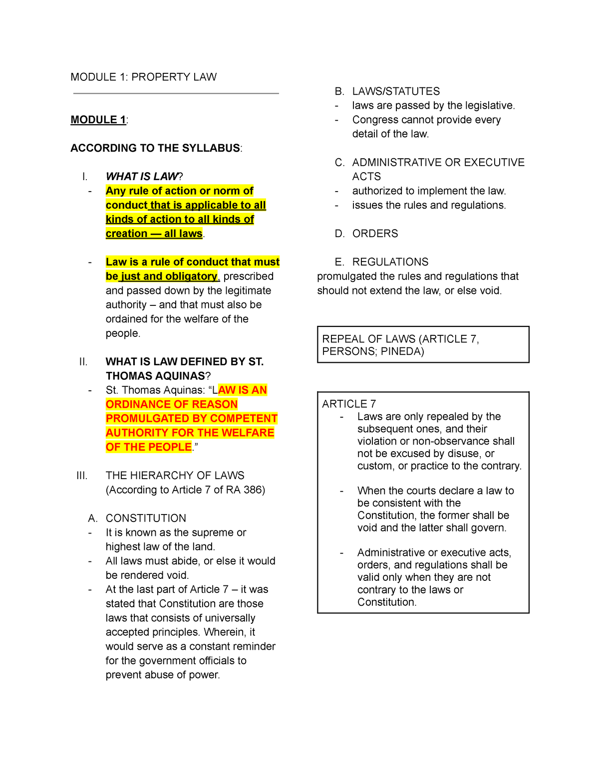 Intro TO LAW - MODULE 1: PROPERTY LAW MODULE 1: ACCORDING TO THE ...