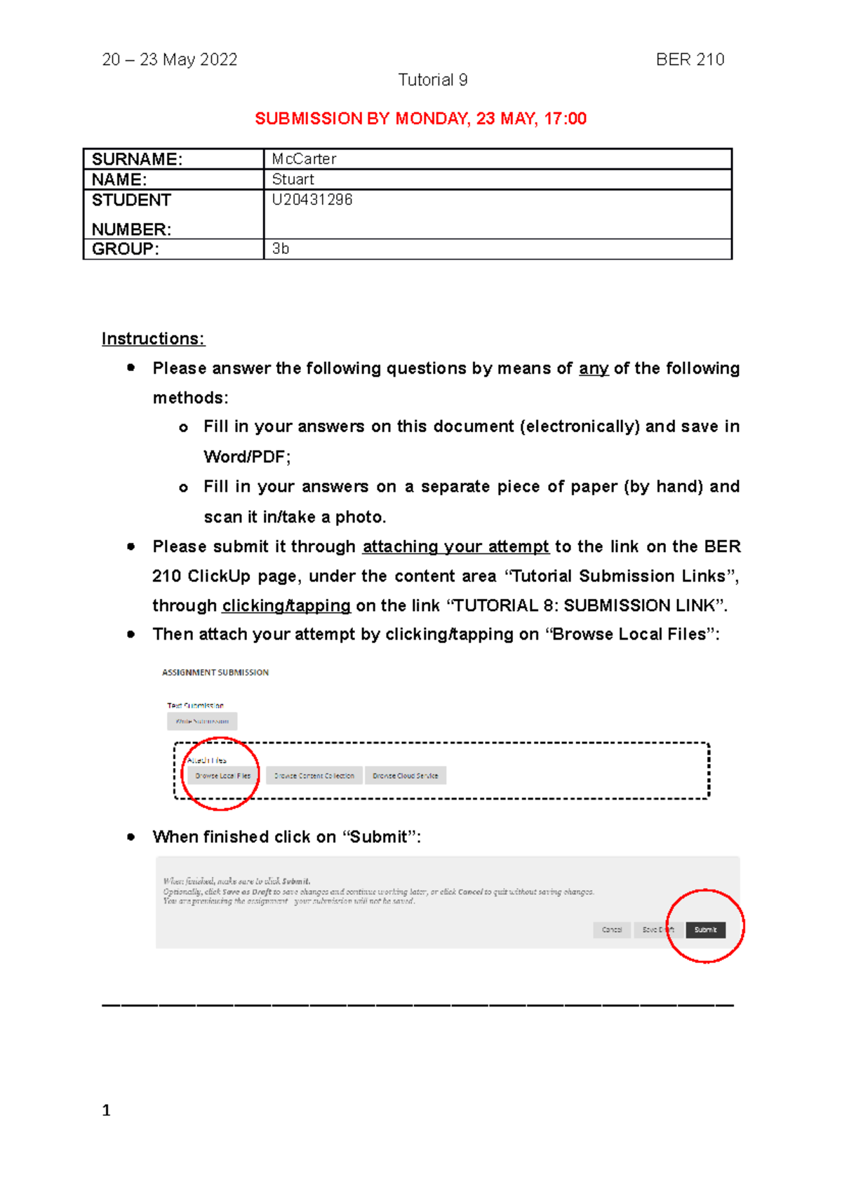 Tutorial 9 - Submission Form (BER 210) - Tutorial 9 SUBMISSION BY ...